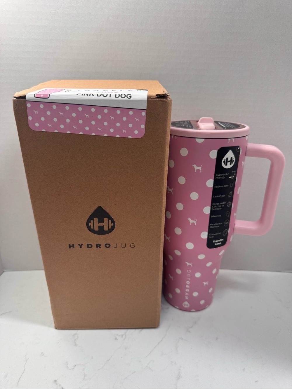 VS HydroJug Pink Polka Dot Travel Mug with Handle